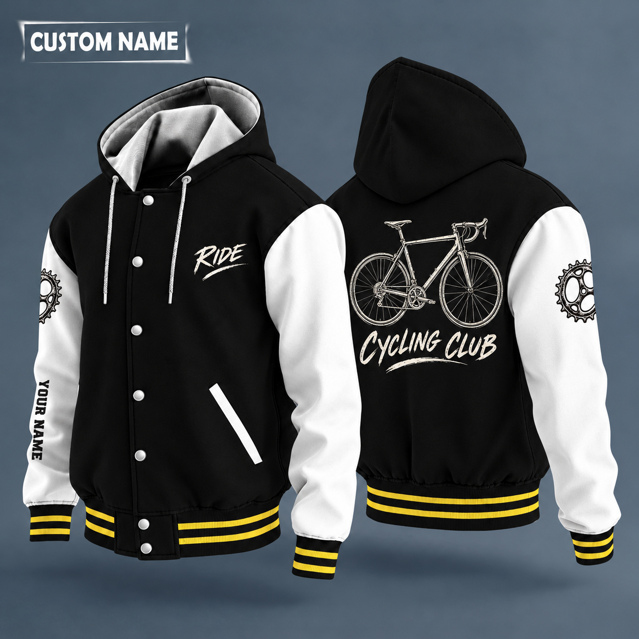 Hooded letterman jacket with white sleeves, road bike on the back, "RIDE" lettering and a custom name down one sleeve