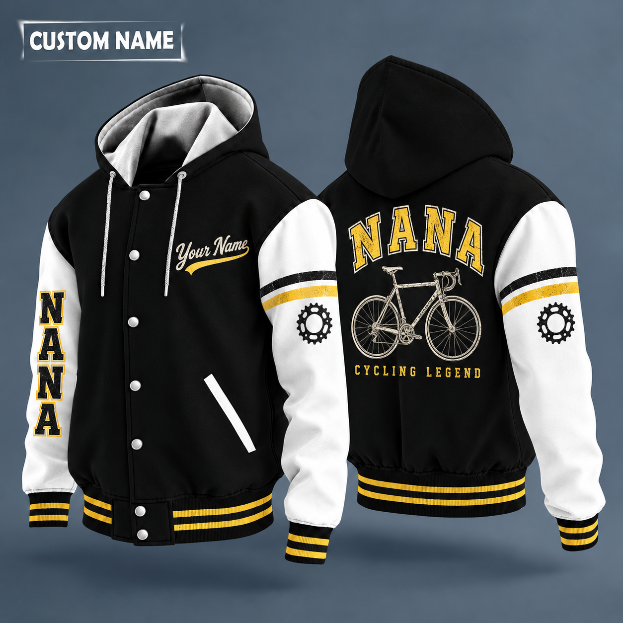 Hooded letterman jacket with white sleeves, road bike on the back, "NANA" lettering and a custom name in script on the chest