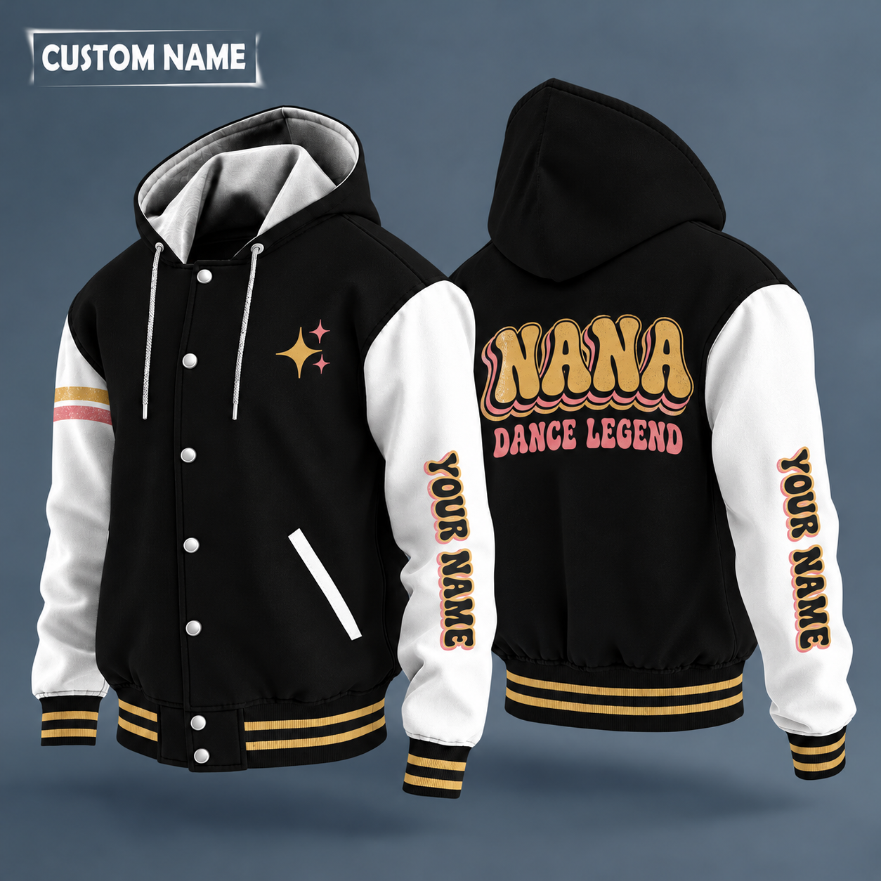 Hooded letterman jacket with white sleeves, pom pom on the back, "NANA" lettering and a custom name down one sleeve in a retro font