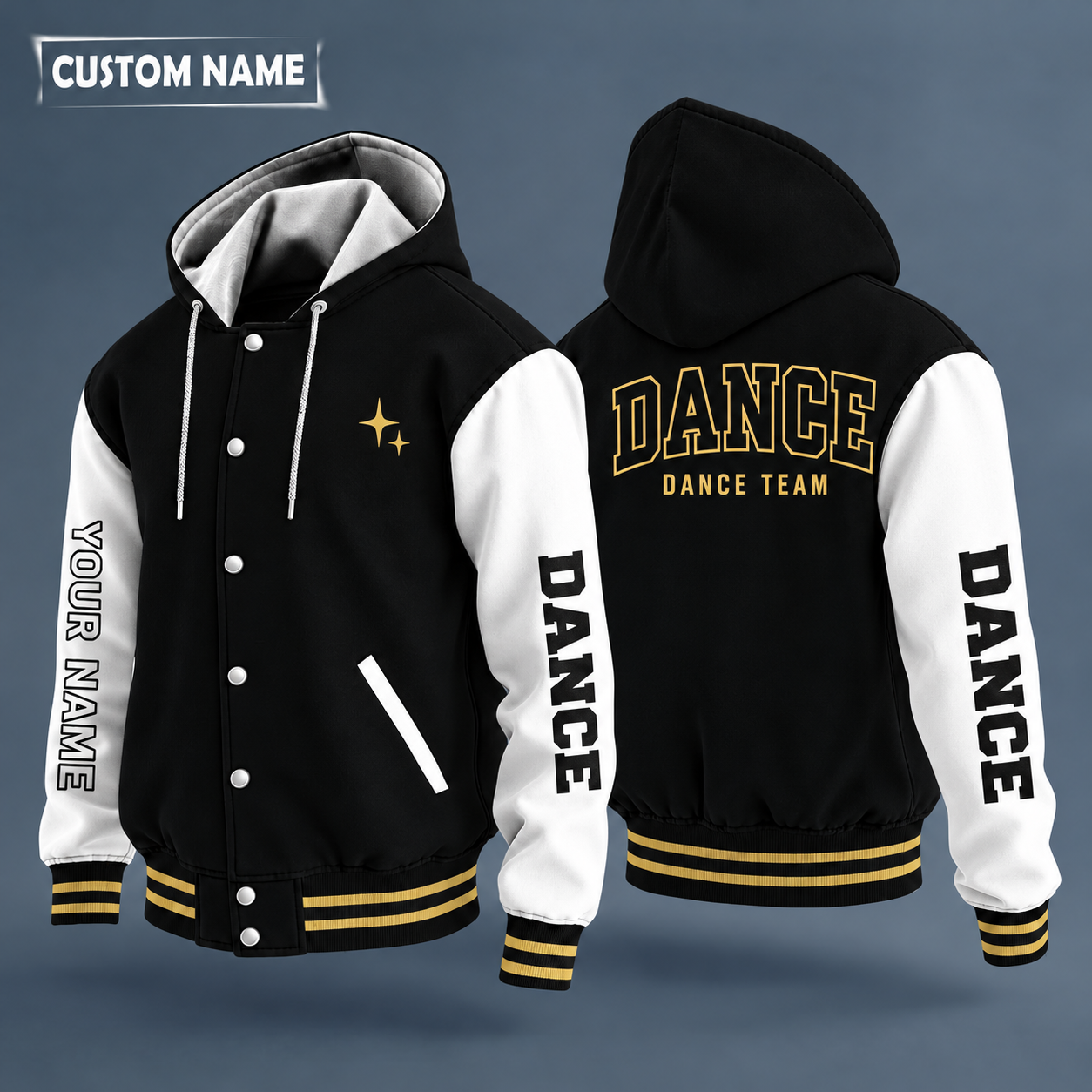 Hooded letterman jacket with white sleeves, pom pom on the back, "DANCE" lettering and a custom name down one sleeve in outlined capitals