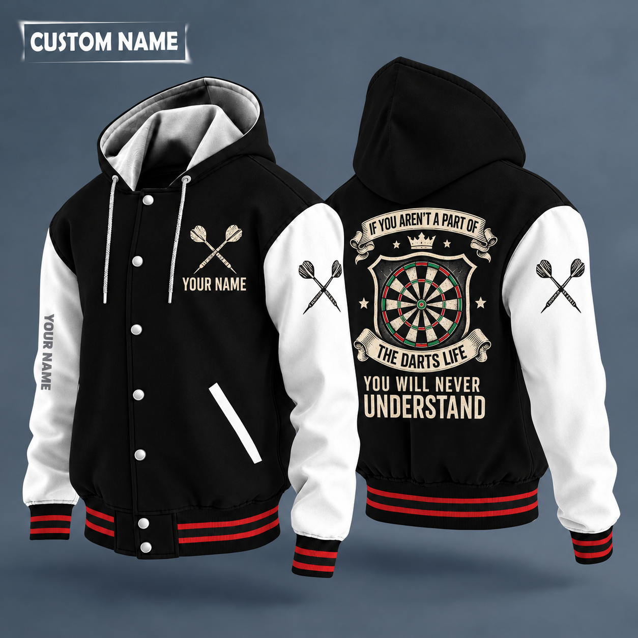 Hooded letterman jacket with white sleeves, dartboard on the back, "180" lettering and a custom name on the chest under a small icon