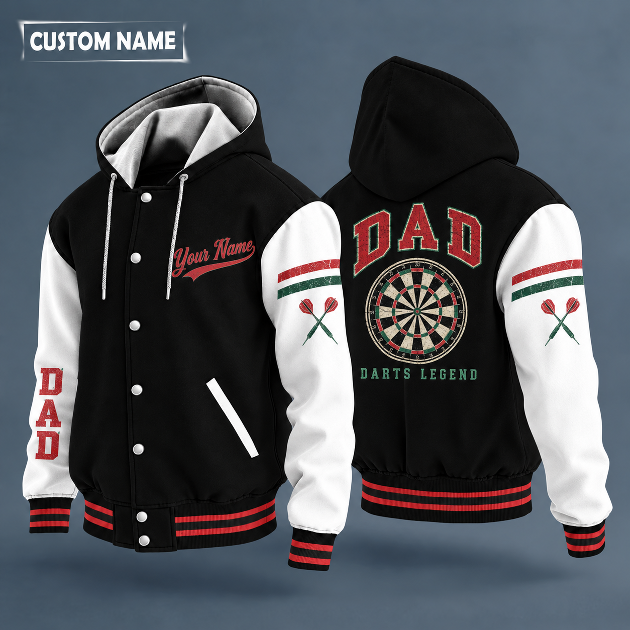 Hooded letterman jacket with white sleeves, dartboard on the back, "DAD" lettering and a custom name in script on the chest