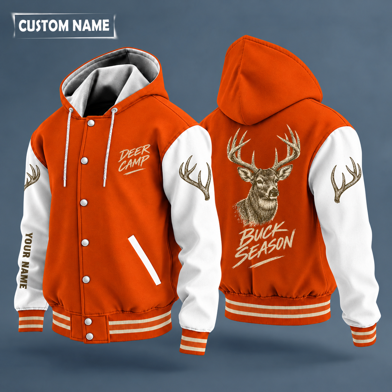 Hooded letterman jacket with white sleeves, whitetail buck head on the back, "DEER CAMP" lettering and a custom name down one sleeve