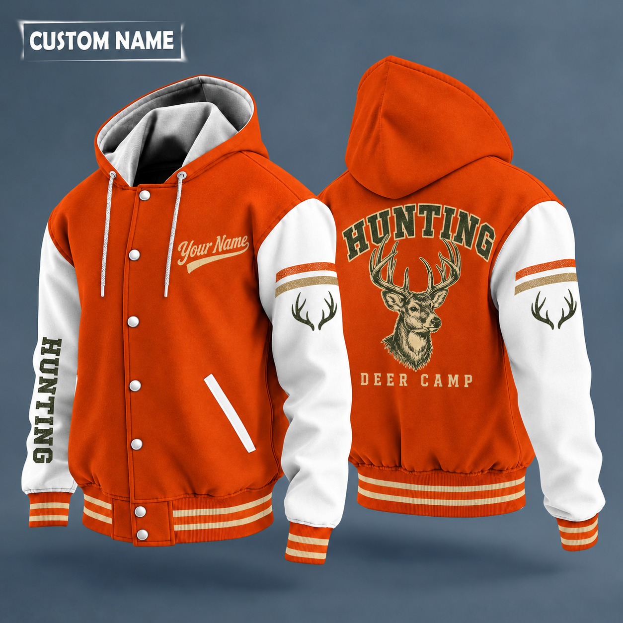 Hooded letterman jacket with white sleeves, whitetail buck head on the back, "HUNTING" lettering and a custom name in script on the chest