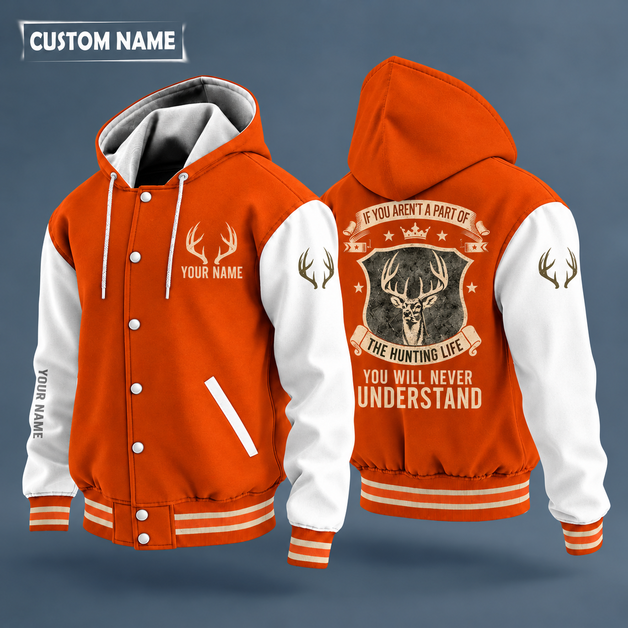 Hooded letterman jacket with white sleeves, whitetail buck head on the back, "POPS" lettering and a custom name on the chest under a small icon