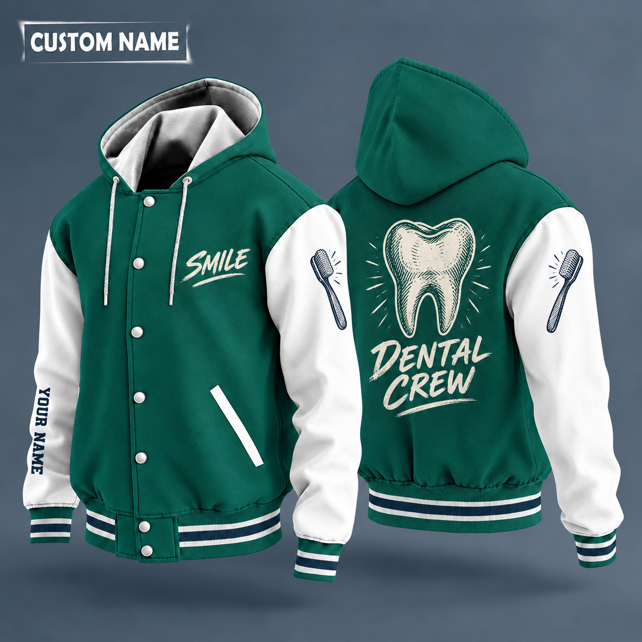 Hooded letterman jacket with white sleeves, tooth on the back, "SMILE" lettering and a custom name down one sleeve