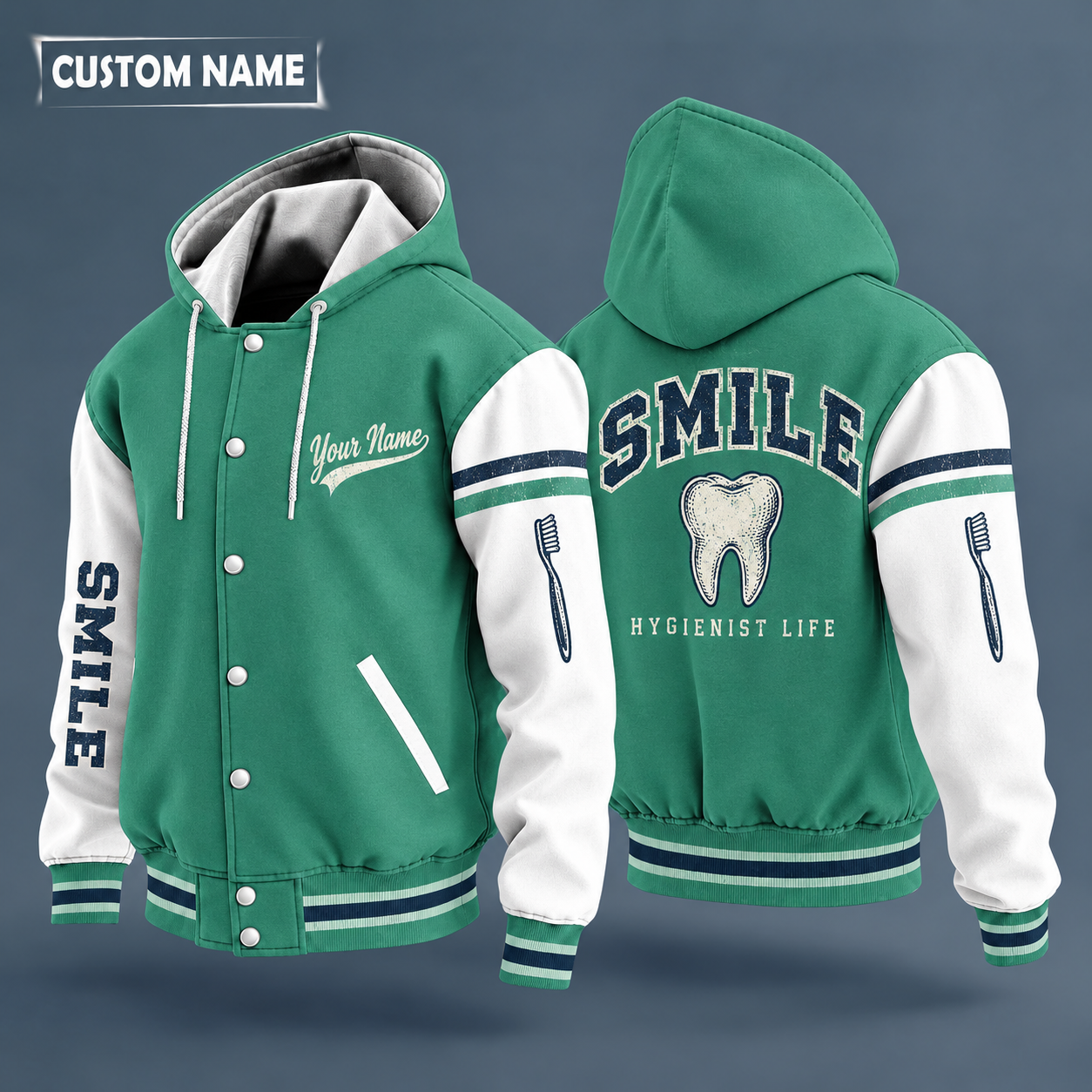 Hooded letterman jacket with white sleeves, tooth on the back, "SMILE" lettering and a custom name in script on the chest