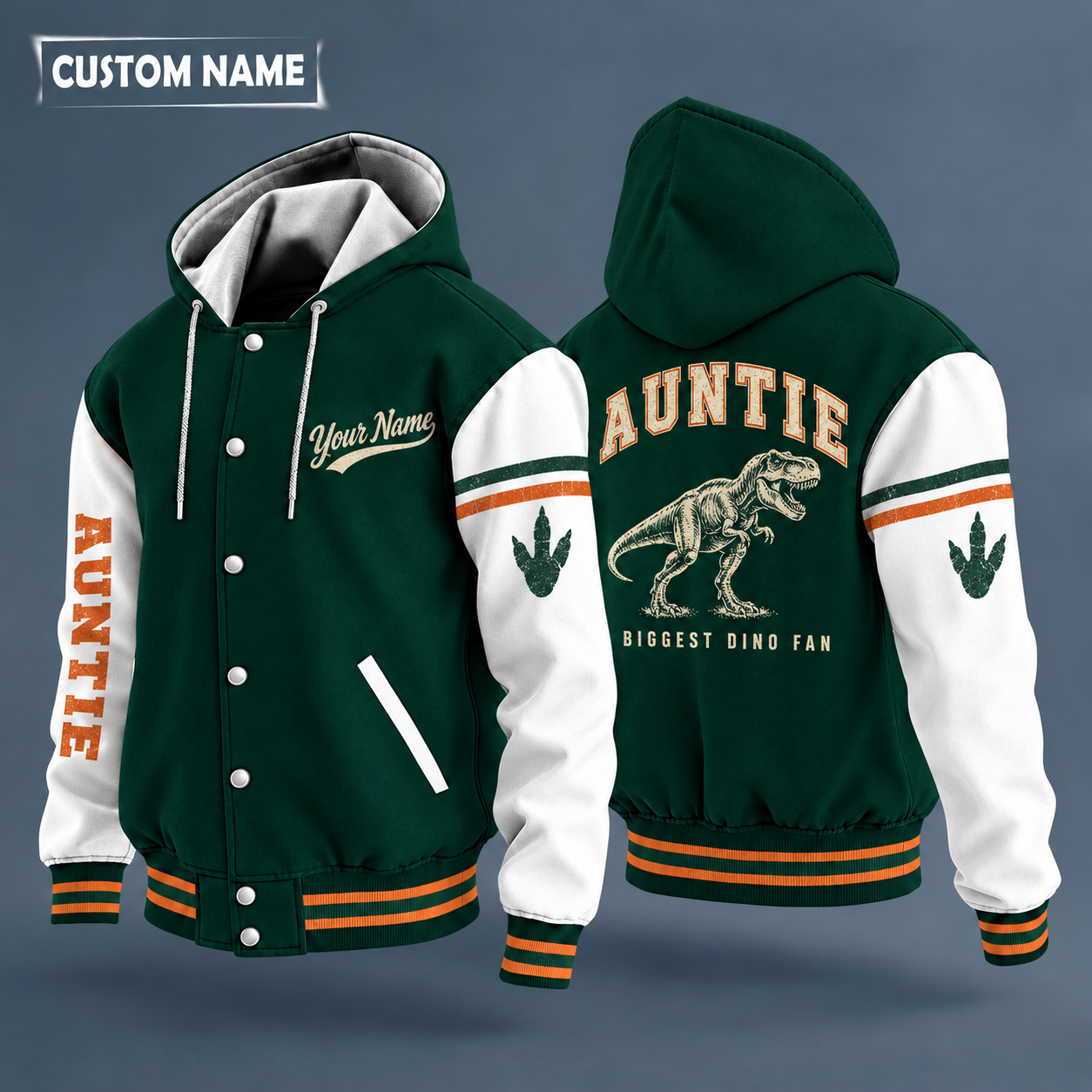 Hooded letterman jacket with white sleeves, t-rex on the back, "AUNTIE" lettering and a custom name in script on the chest