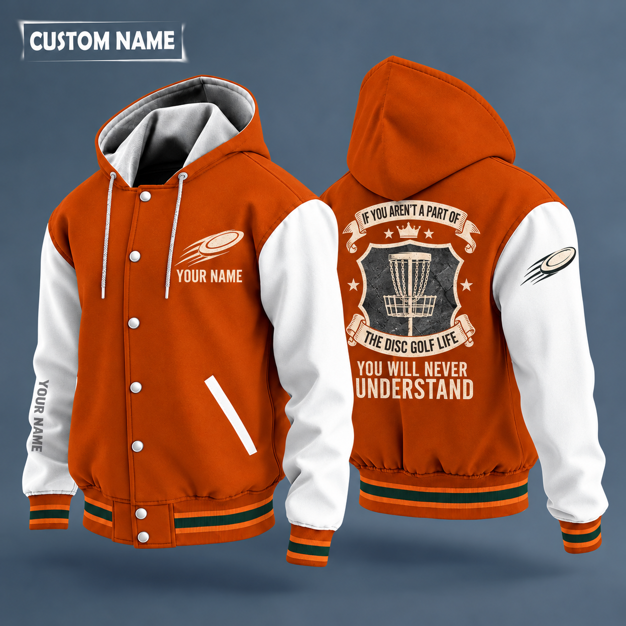 Hooded letterman jacket with white sleeves, disc golf basket on the back, "CHAINS" lettering and a custom name on the chest under a small icon