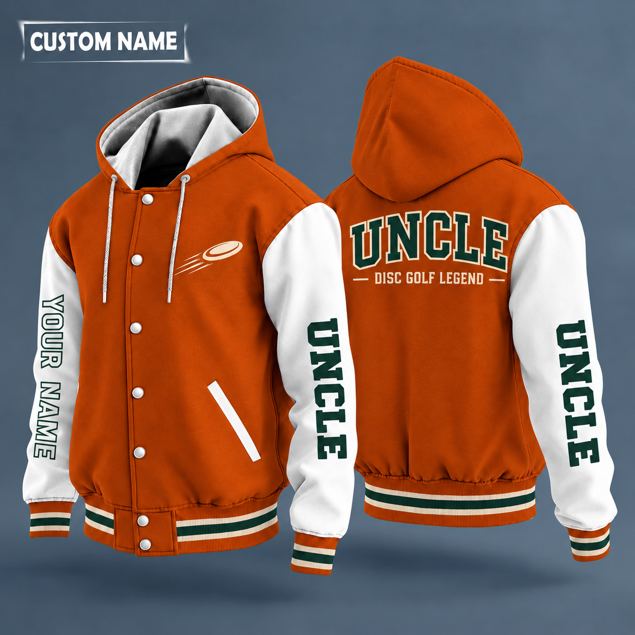 Hooded letterman jacket with white sleeves, disc golf basket on the back, "UNCLE" lettering and a custom name down one sleeve in outlined capitals