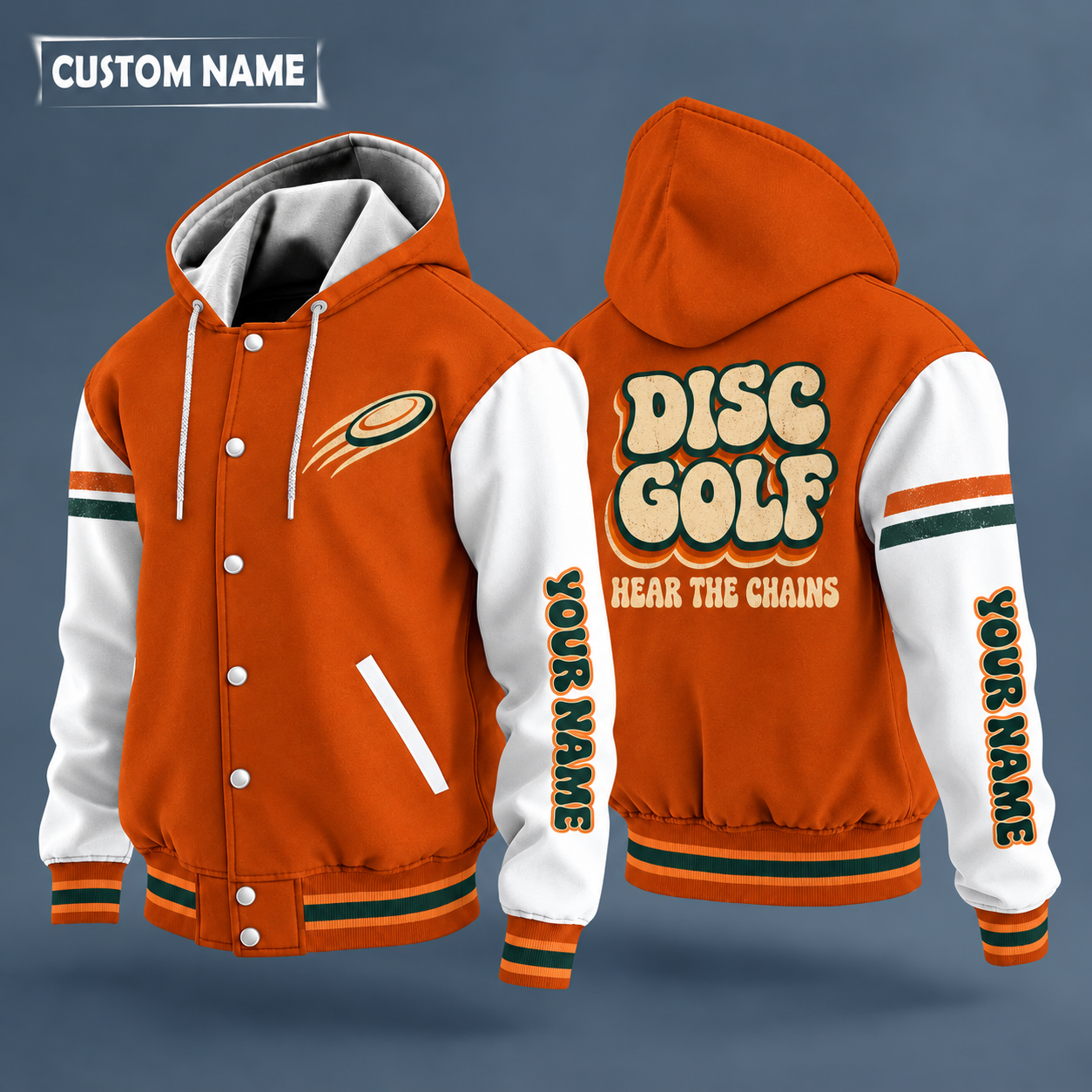 Hooded letterman jacket with white sleeves, disc golf basket on the back, "DISC GOLF" lettering and a custom name down one sleeve in a retro font