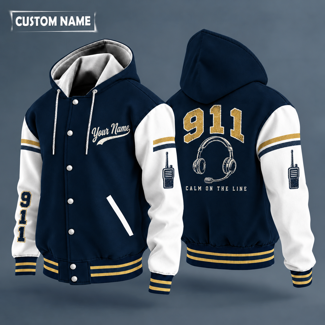 Hooded letterman jacket with white sleeves, headset on the back, "911" lettering and a custom name in script on the chest