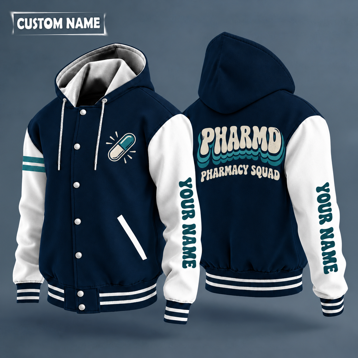 Hooded letterman jacket with white sleeves, caduceus on the back, "PHARMD" lettering and a custom name down one sleeve in a retro font