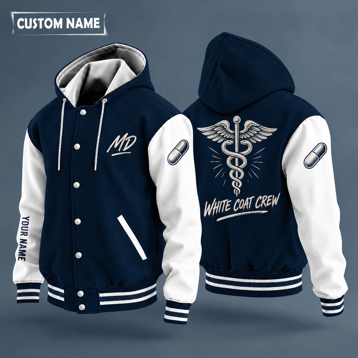 Hooded letterman jacket with white sleeves, caduceus on the back, "MD" lettering and a custom name down one sleeve