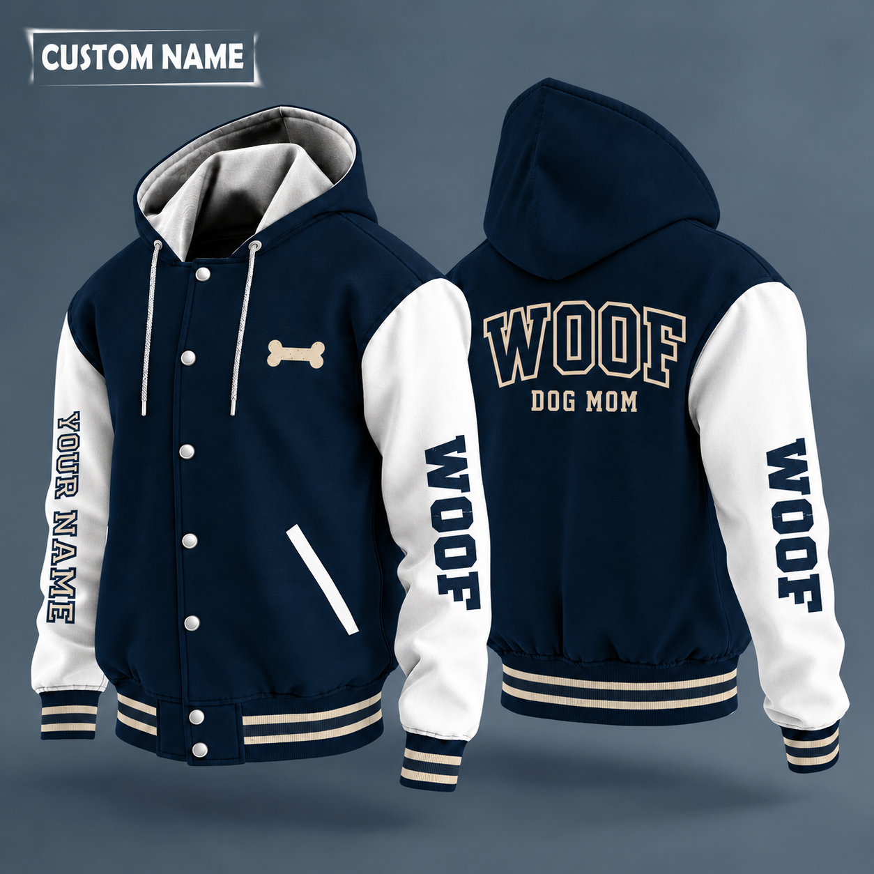 Hooded letterman jacket with white sleeves, paw print on the back, "WOOF" lettering and a custom name down one sleeve in outlined capitals