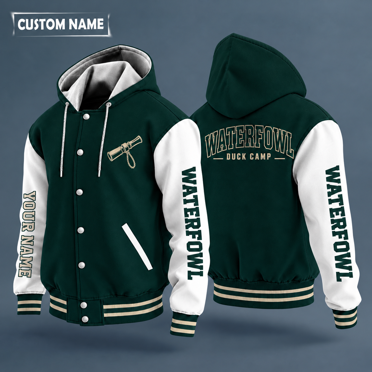 Hooded letterman jacket with white sleeves, mallard in flight on the back, "WATERFOWL" lettering and a custom name down one sleeve in outlined capitals