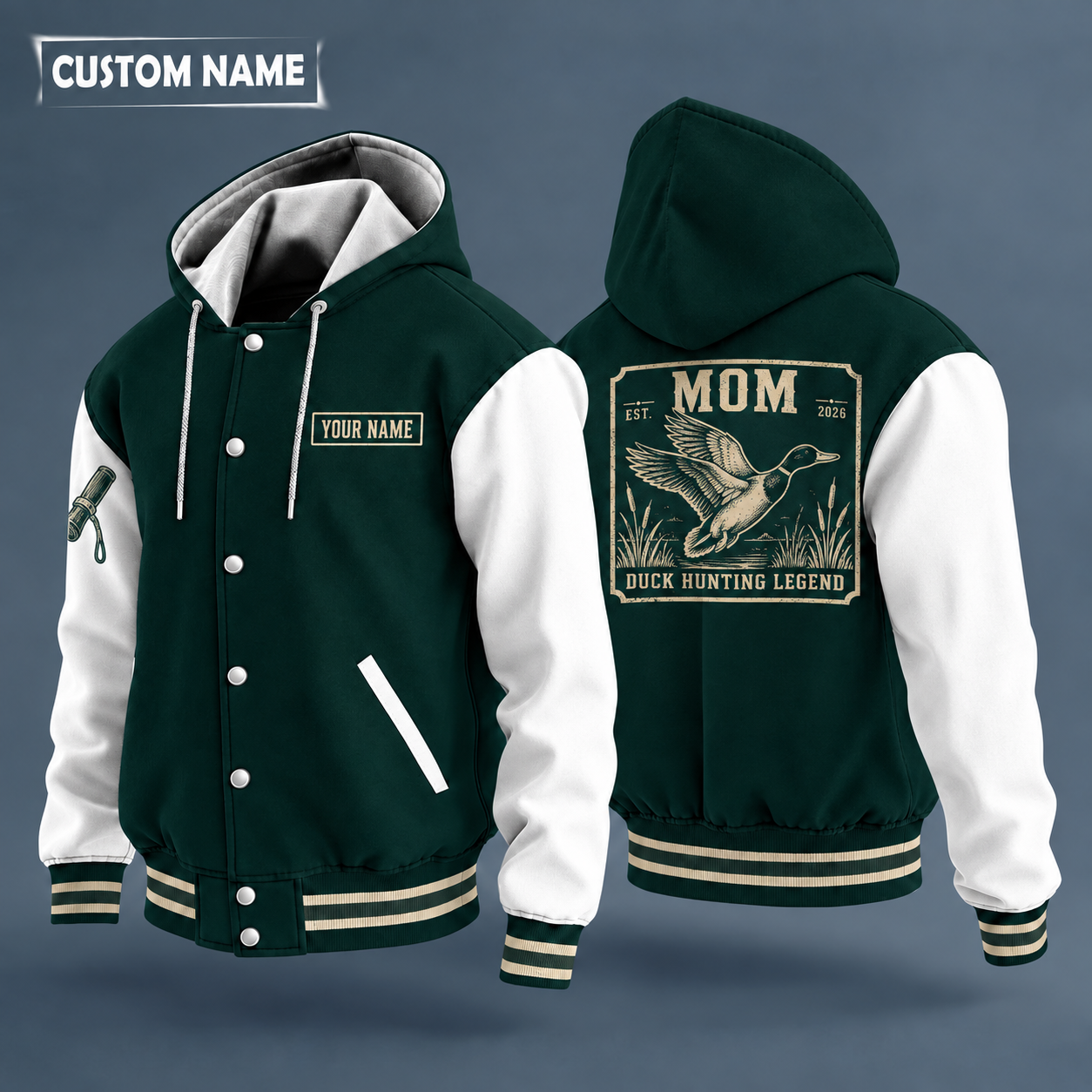 Hooded letterman jacket with white sleeves, mallard in flight on the back, "MOM" lettering and a custom name on a work-shirt style name tag print on the chest