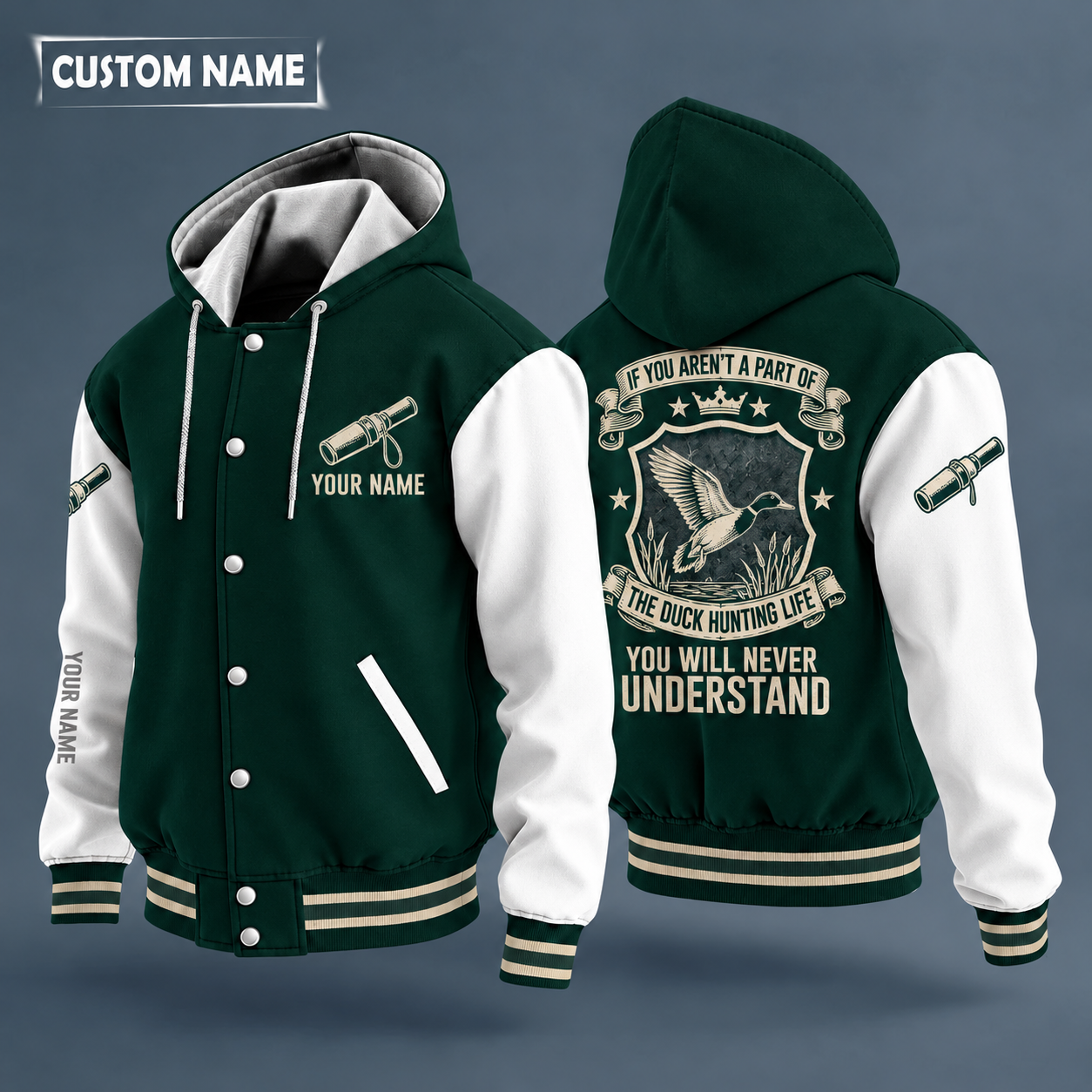 Hooded letterman jacket with white sleeves, mallard in flight on the back, "DUCK" lettering and a custom name on the chest under a small icon