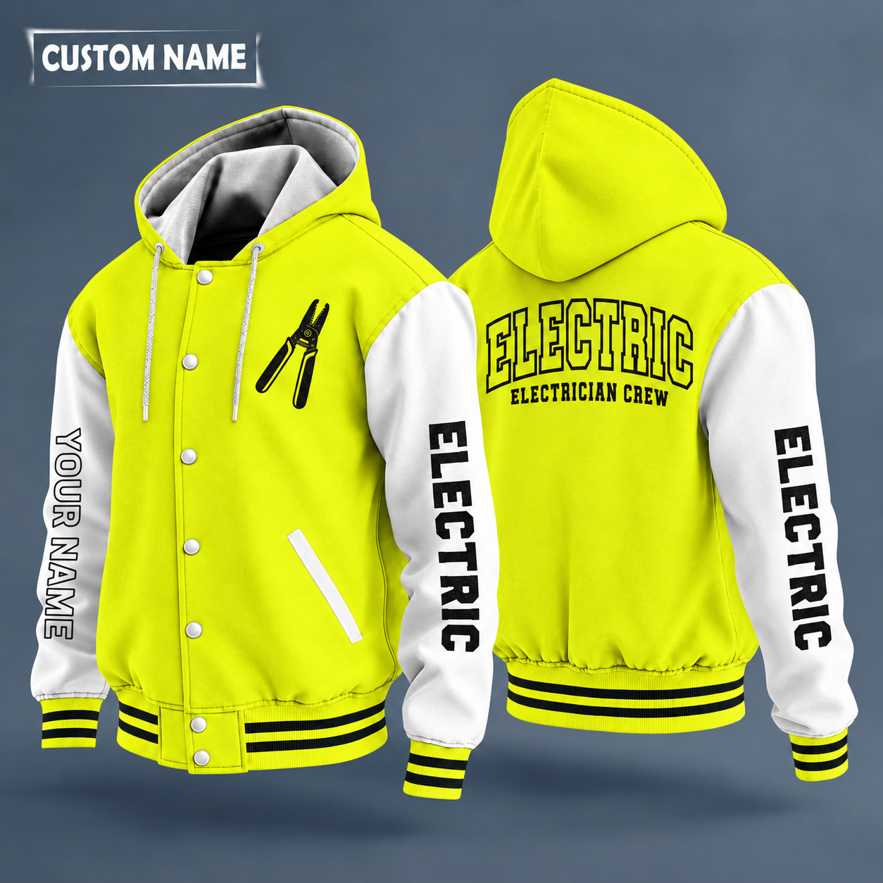 Hooded letterman jacket with white sleeves, lightning bolt on the back, "ELECTRIC" lettering and a custom name down one sleeve in outlined capitals