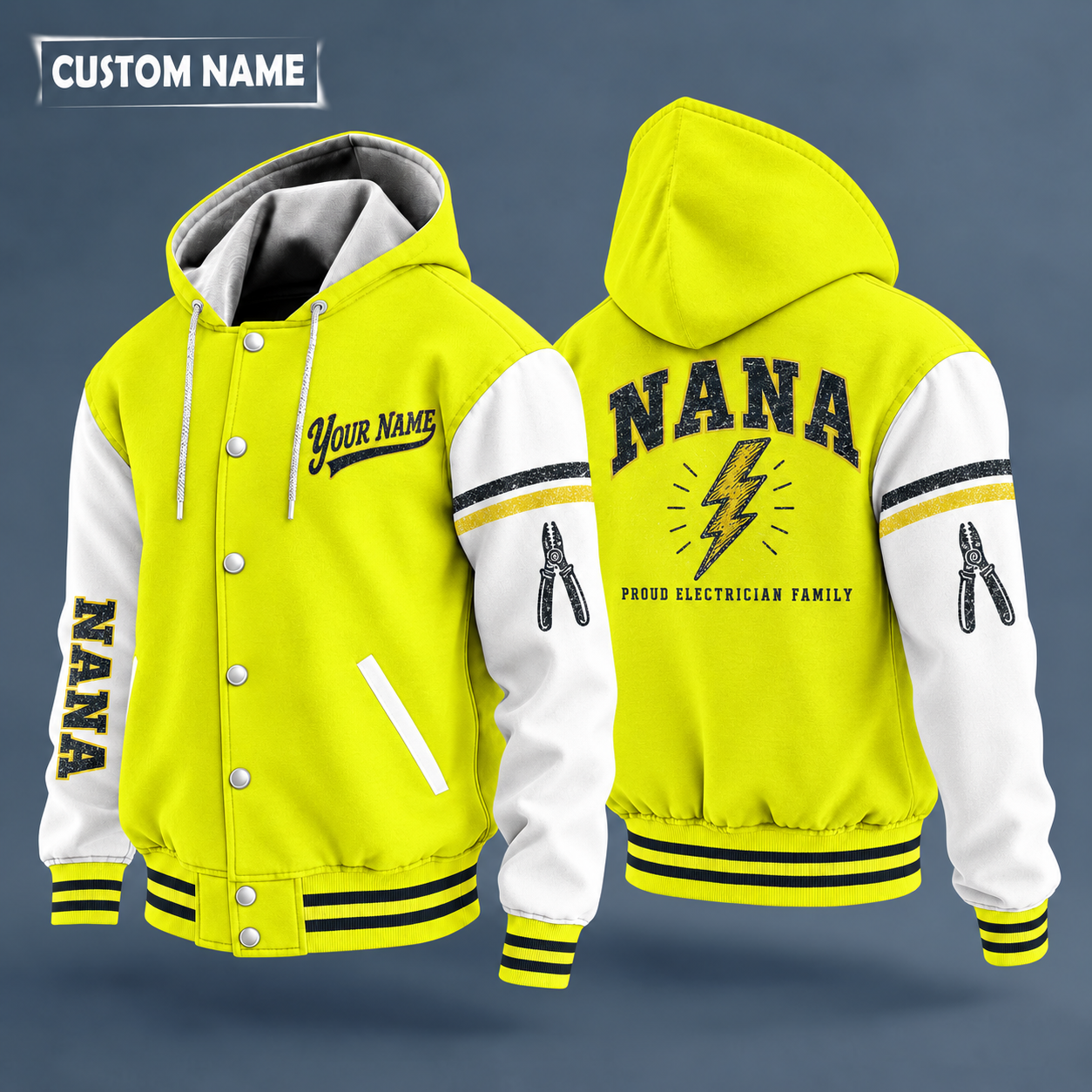 Hooded letterman jacket with white sleeves, lightning bolt on the back, "NANA" lettering and a custom name in script on the chest