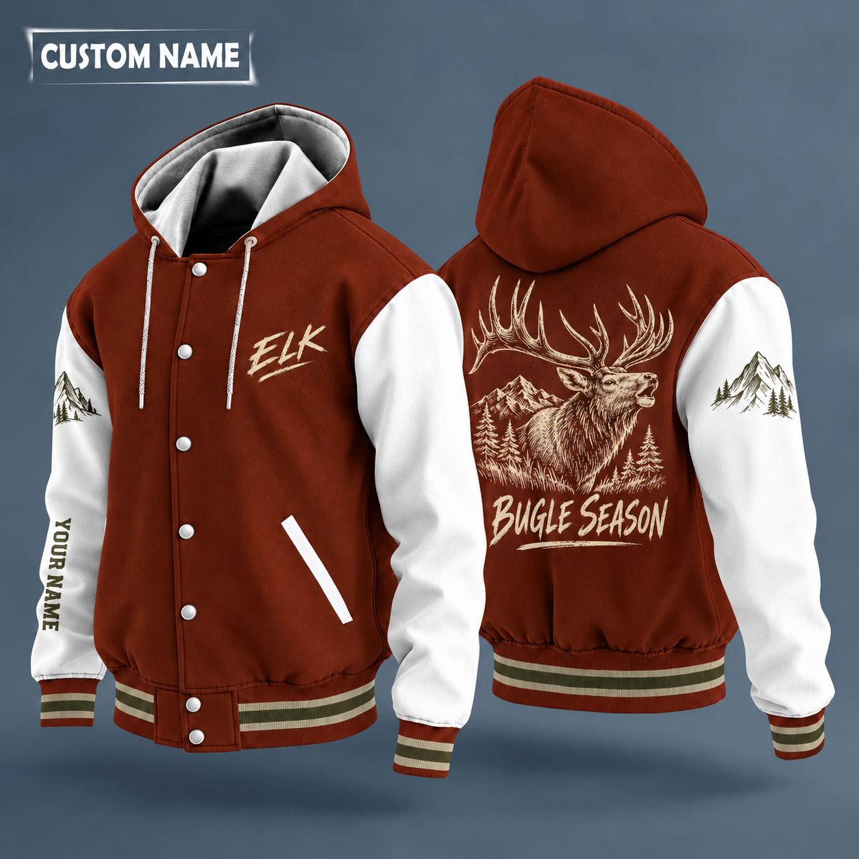 Hooded letterman jacket with white sleeves, bull elk head on the back, "ELK" lettering and a custom name down one sleeve