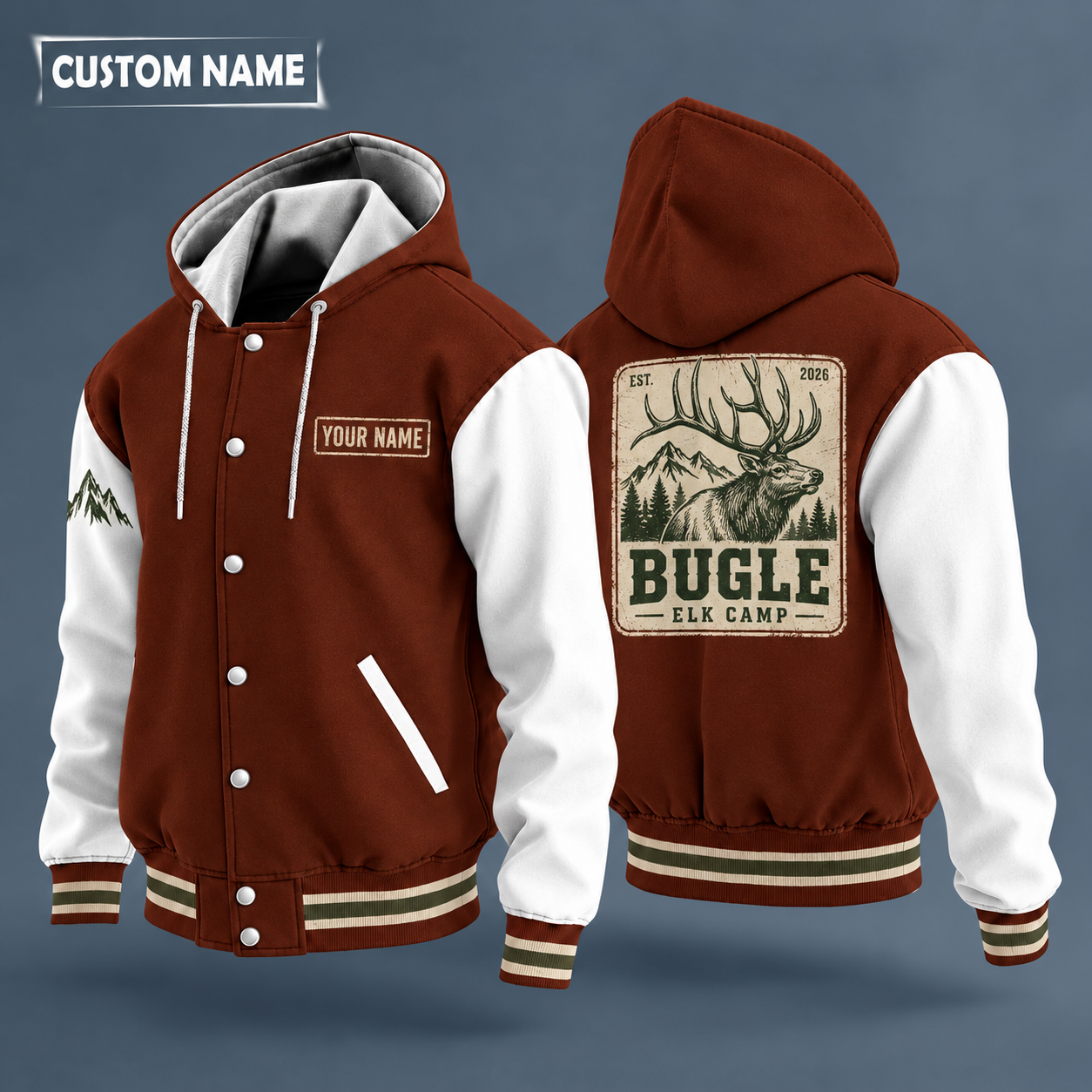 Hooded letterman jacket with white sleeves, bull elk head on the back, "BUGLE" lettering and a custom name on a work-shirt style name tag print on the chest