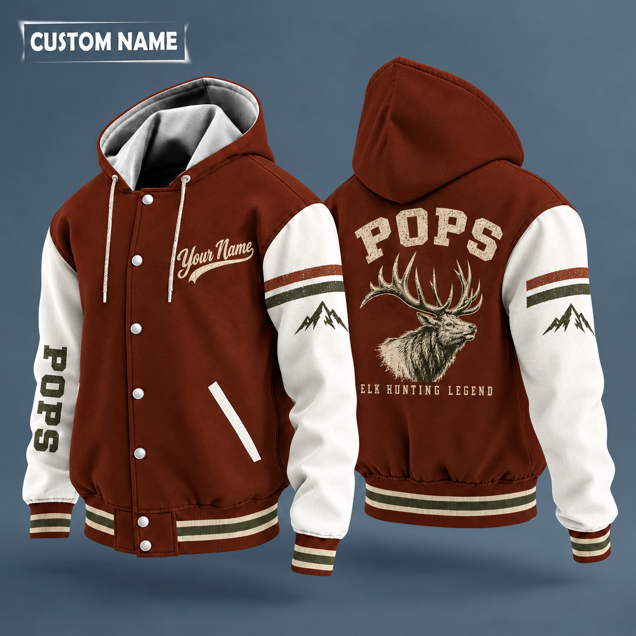Hooded letterman jacket with white sleeves, bull elk head on the back, "POPS" lettering and a custom name in script on the chest