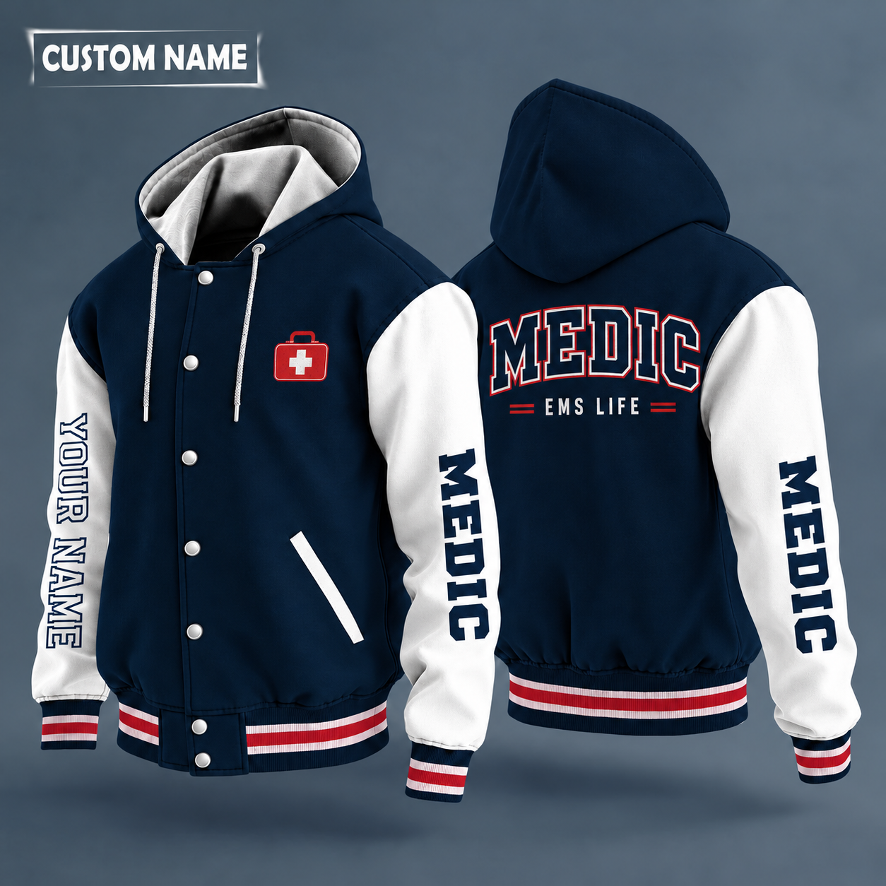 Hooded letterman jacket with white sleeves, heartbeat line on the back, "MEDIC" lettering and a custom name down one sleeve in outlined capitals