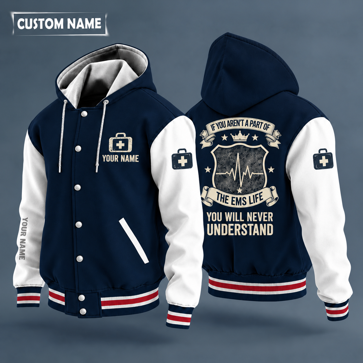 Hooded letterman jacket with white sleeves, heartbeat line on the back, "EMS" lettering and a custom name on the chest under a small icon