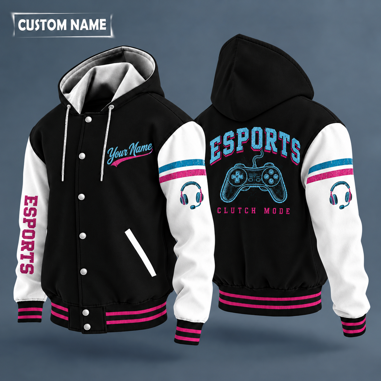Hooded letterman jacket with white sleeves, controller on the back, "ESPORTS" lettering and a custom name in script on the chest