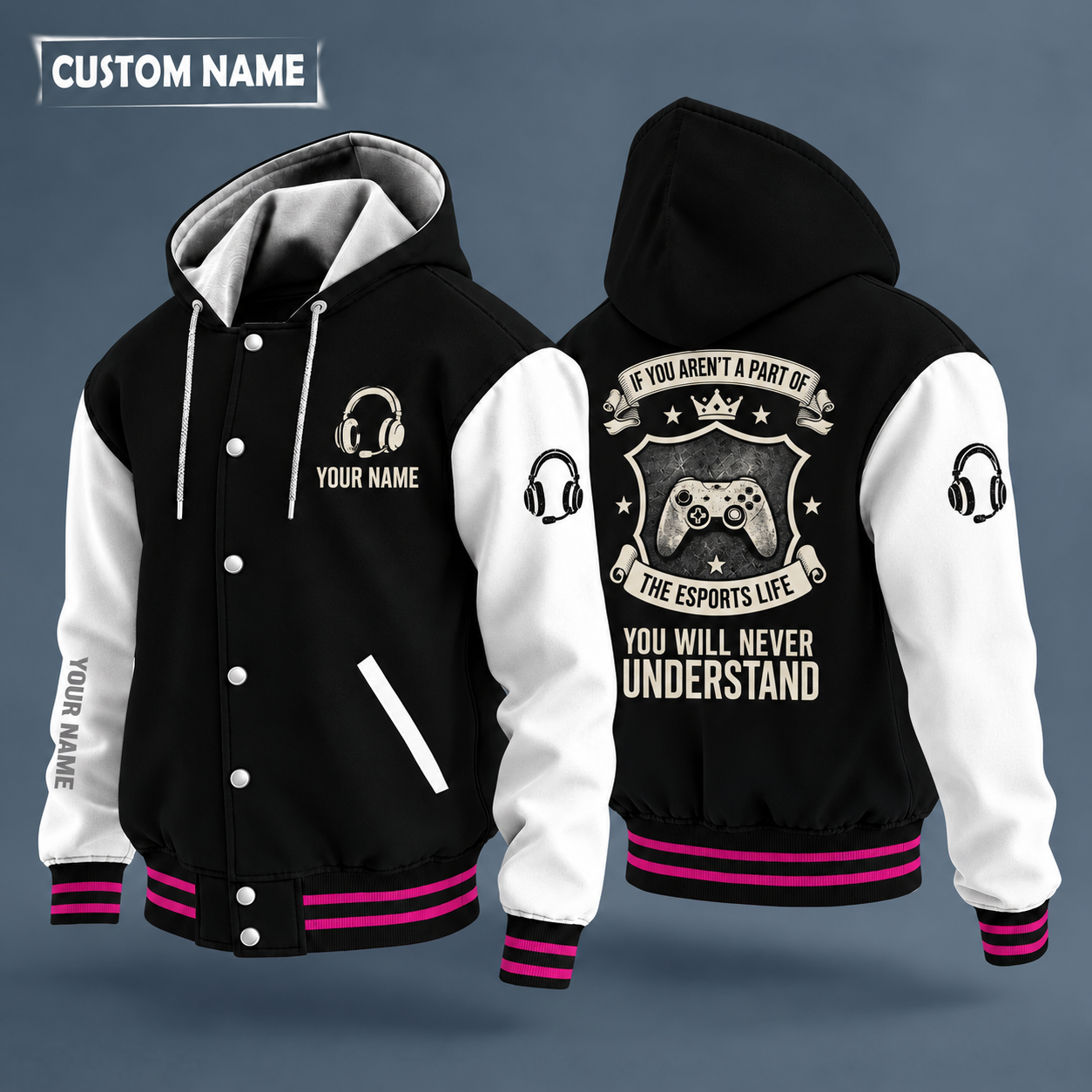 Hooded letterman jacket with white sleeves, controller on the back, "GG" lettering and a custom name on the chest under a small icon