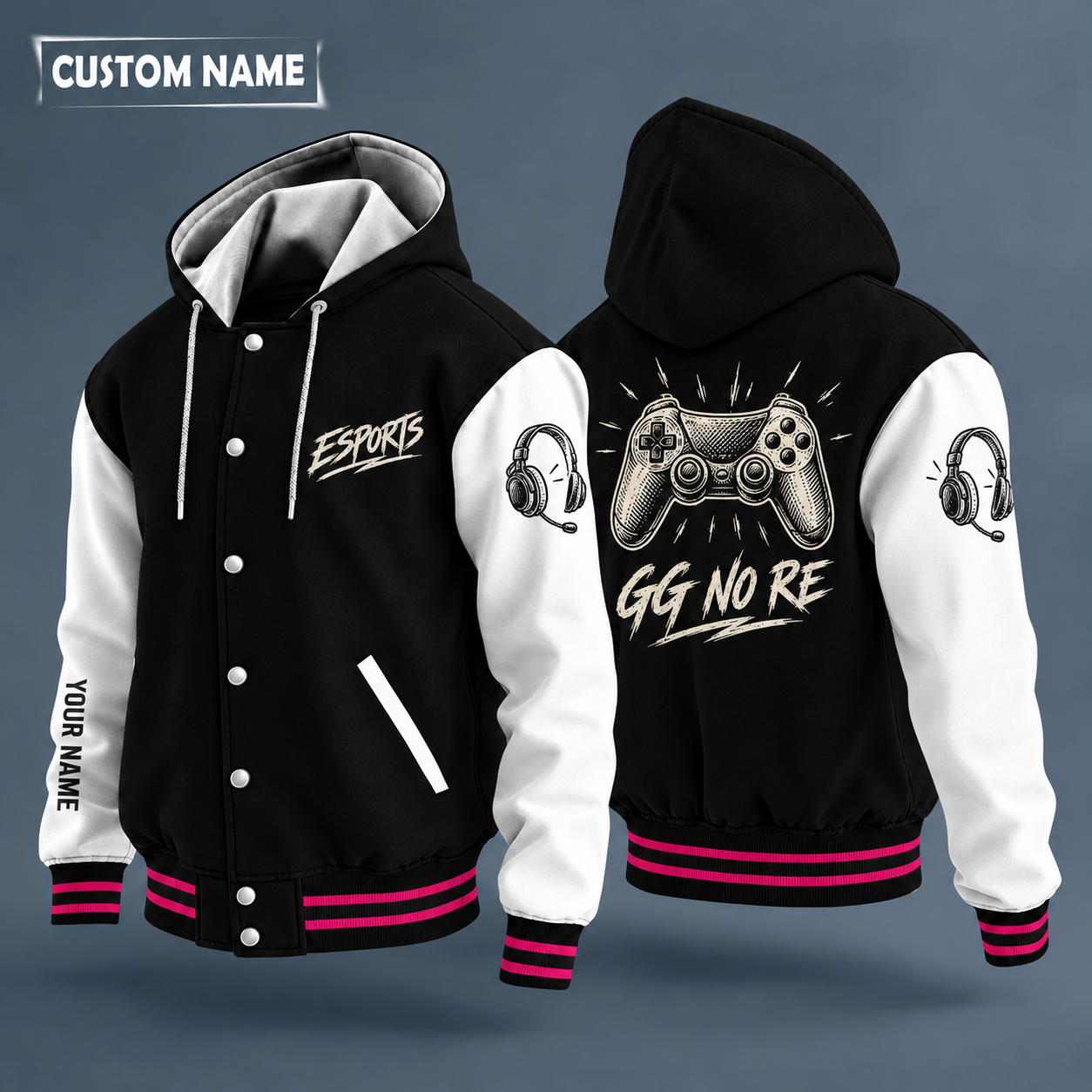 Hooded letterman jacket with white sleeves, controller on the back, "ESPORTS" lettering and a custom name down one sleeve