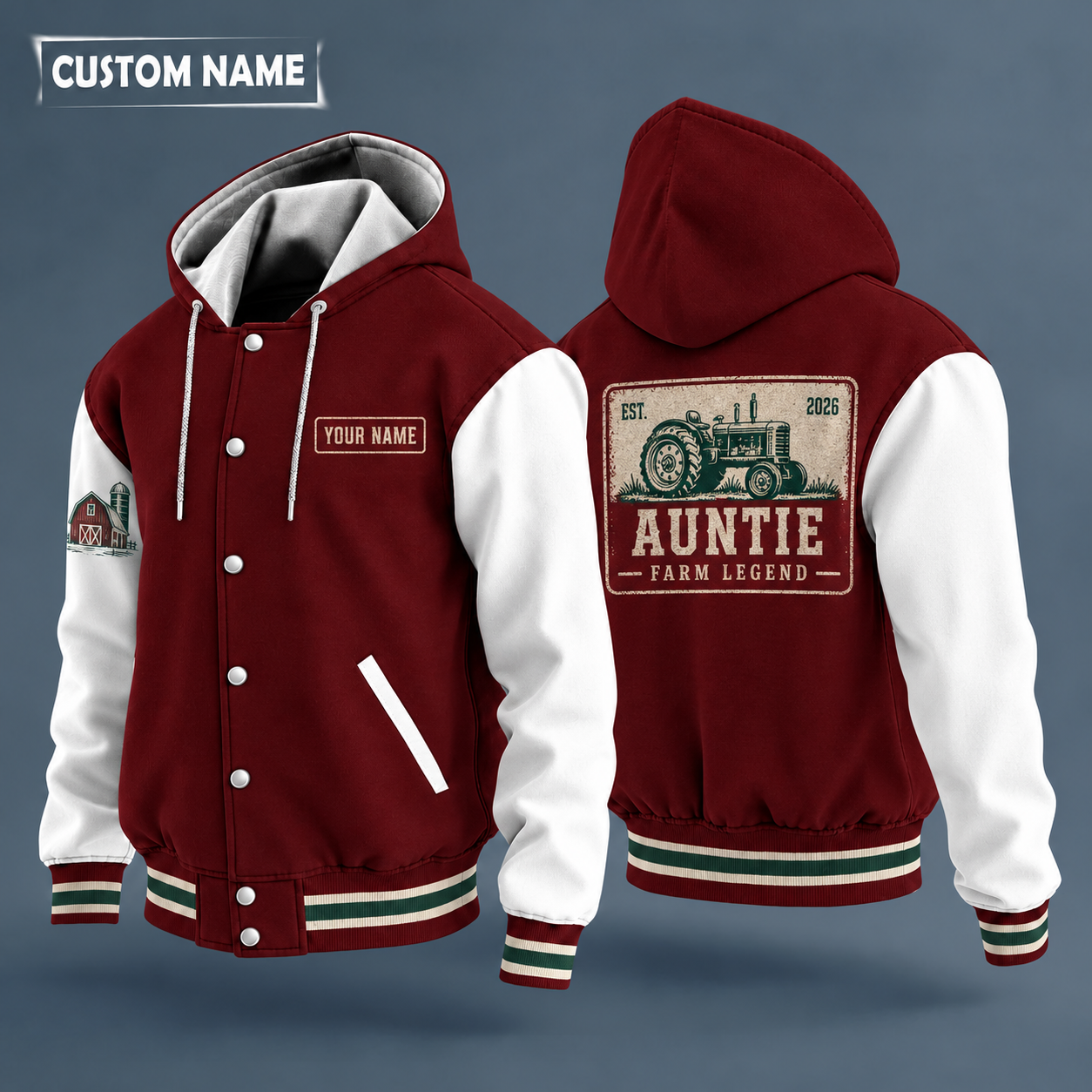 Hooded letterman jacket with white sleeves, tractor on the back, "AUNTIE" lettering and a custom name on a work-shirt style name tag print on the chest