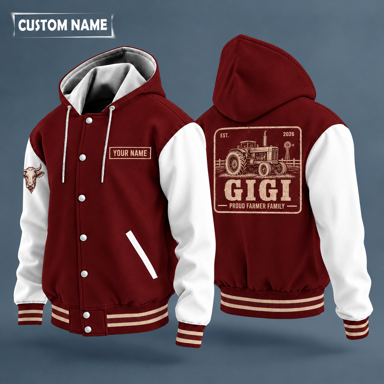 Hooded letterman jacket with white sleeves, tractor on the back, "GIGI" lettering and a custom name on a work-shirt style name tag print on the chest