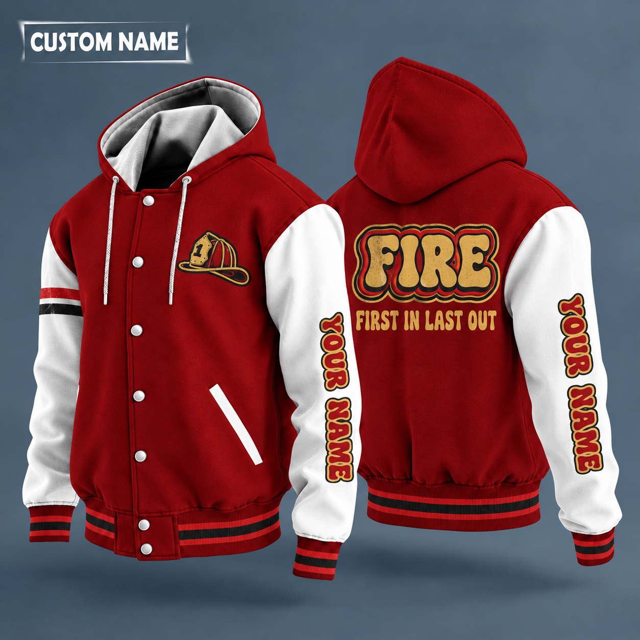 Hooded letterman jacket with white sleeves, fire axe and pike crossed on the back, "FIRE" lettering and a custom name down one sleeve in a retro font