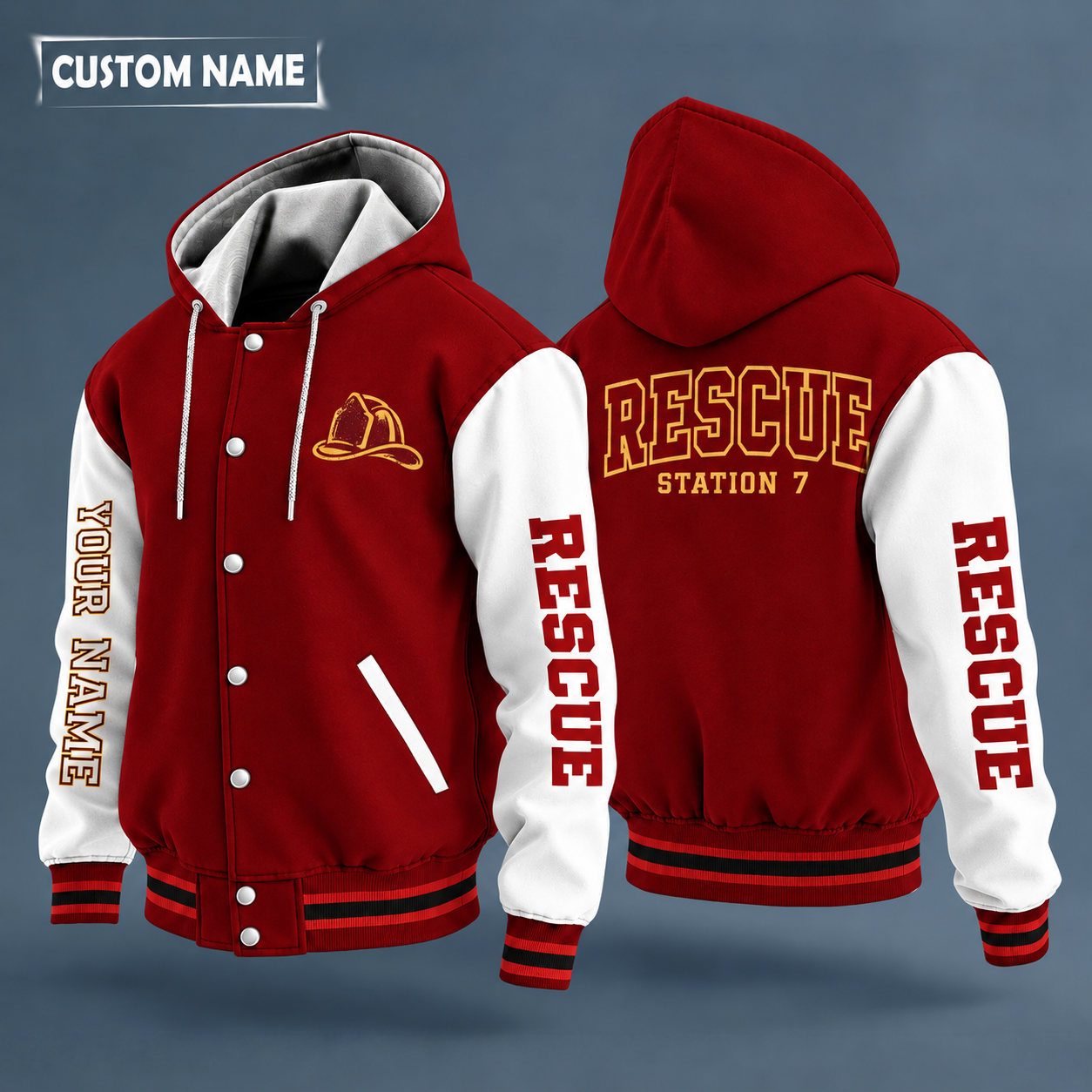 Hooded letterman jacket with white sleeves, fire axe and pike crossed on the back, "RESCUE" lettering and a custom name down one sleeve in outlined capitals