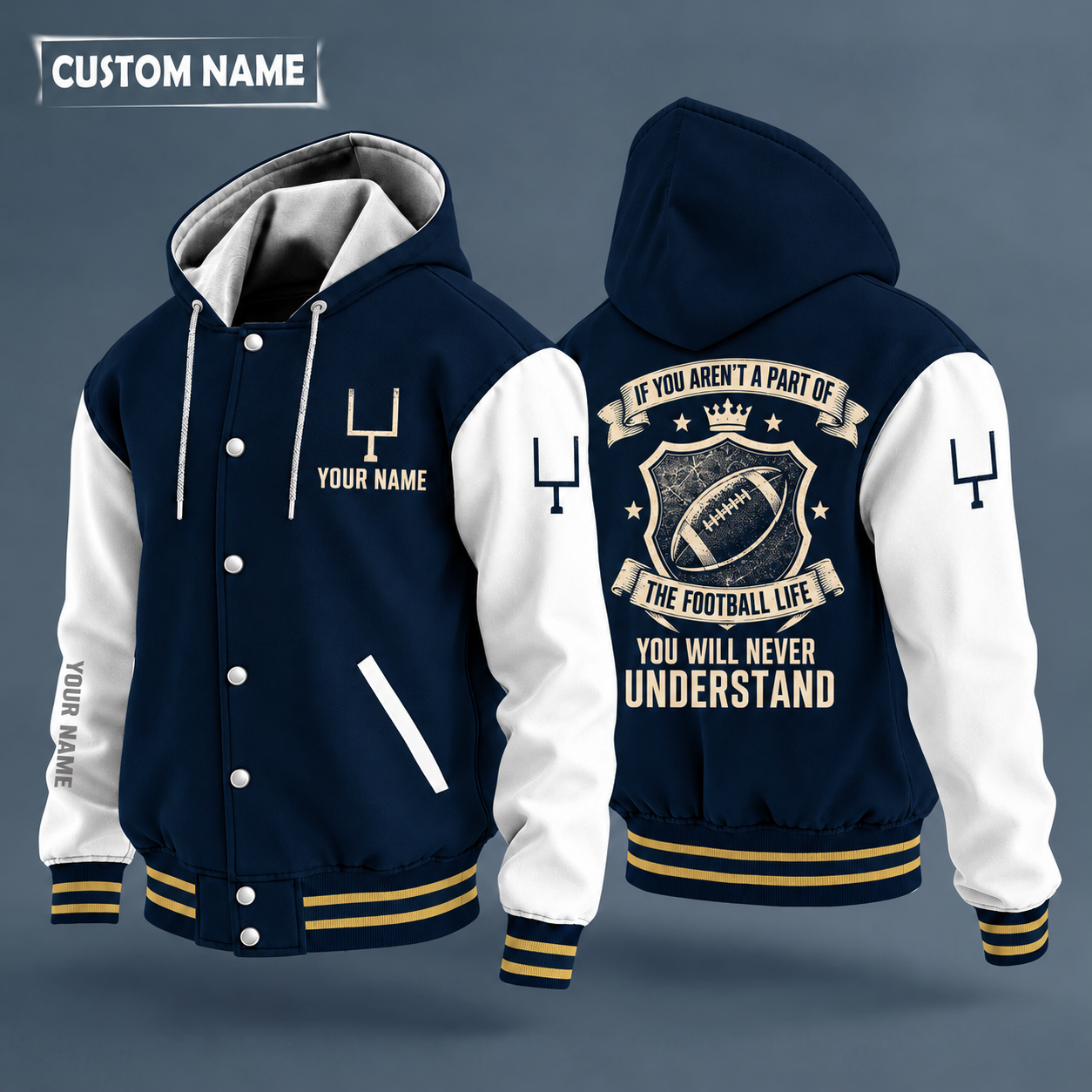 Hooded letterman jacket with white sleeves, american football on the back, "FOOTBALL" lettering and a custom name on the chest under a small icon
