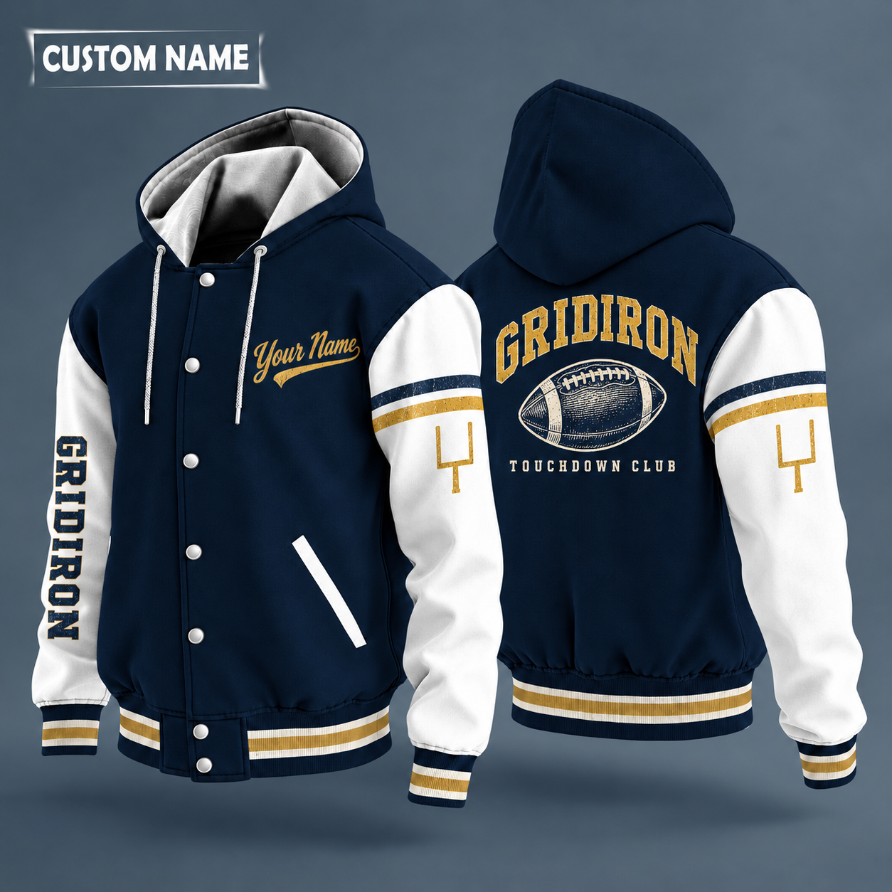 Hooded letterman jacket with white sleeves, american football on the back, "GRIDIRON" lettering and a custom name in script on the chest
