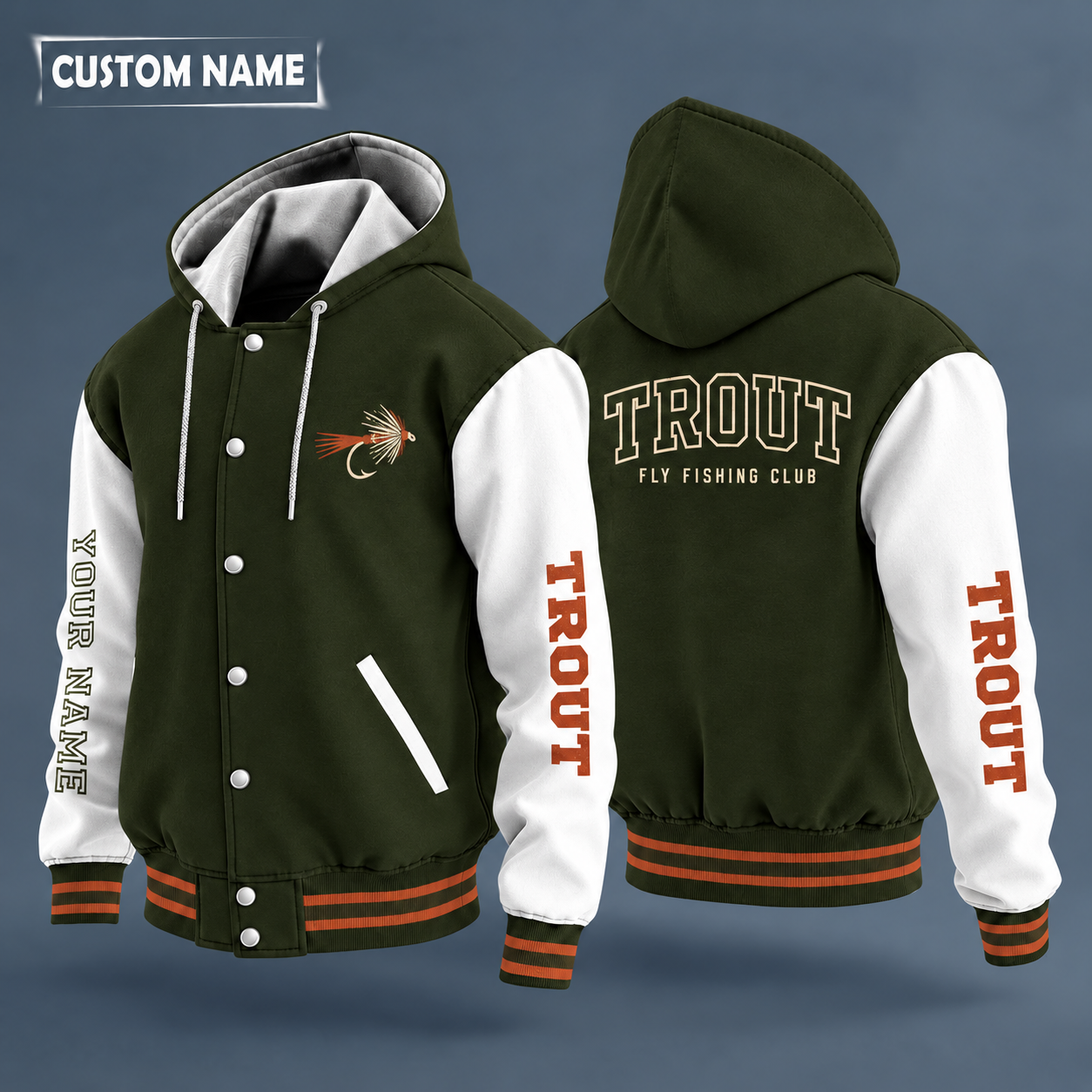 Hooded letterman jacket with white sleeves, trout on the back, "TROUT" lettering and a custom name down one sleeve in outlined capitals