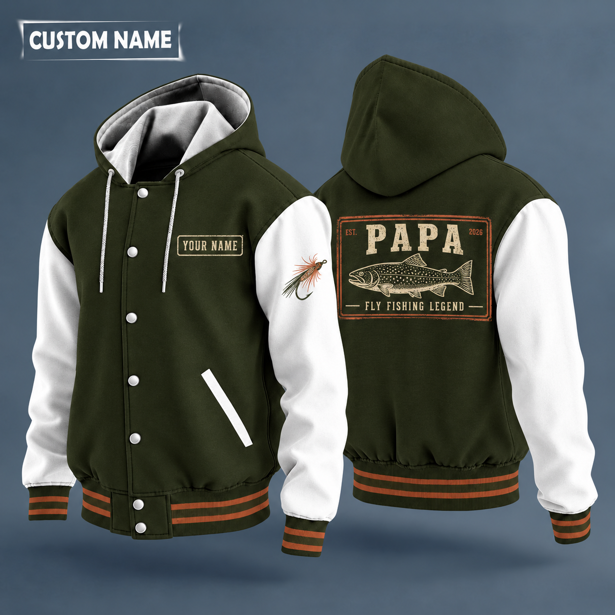 Hooded letterman jacket with white sleeves, trout on the back, "PAPA" lettering and a custom name on a work-shirt style name tag print on the chest