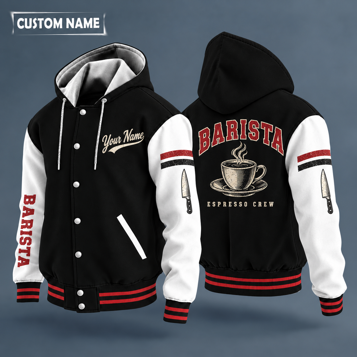 Hooded letterman jacket with white sleeves, coffee cup with steam on the back, "BARISTA" lettering and a custom name in script on the chest