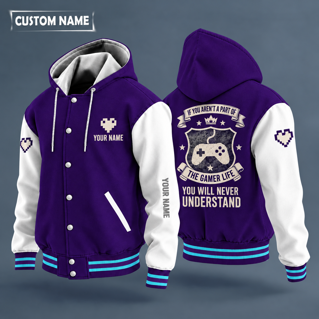 Hooded letterman jacket with white sleeves, game controller on the back, "GRANDPA" lettering and a custom name on the chest under a small icon