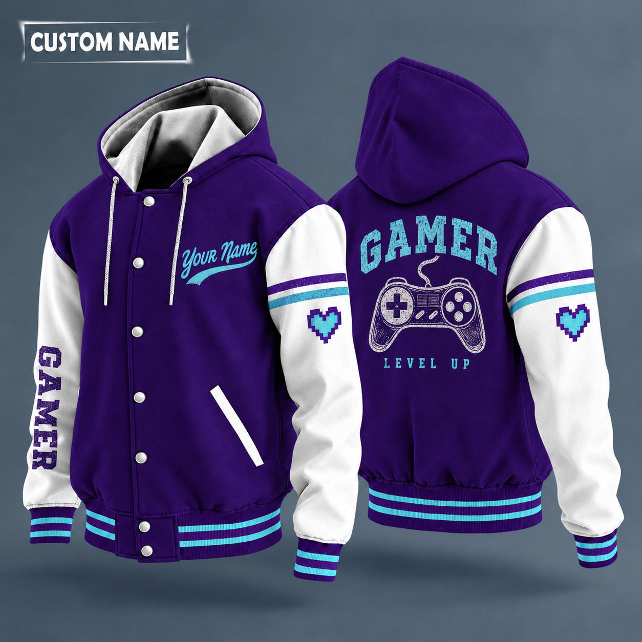 Hooded letterman jacket with white sleeves, game controller on the back, "GAMER" lettering and a custom name in script on the chest