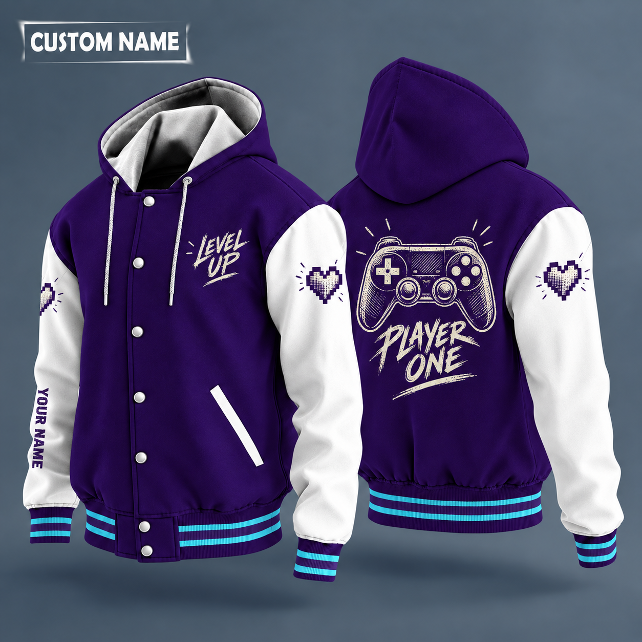 Hooded letterman jacket with white sleeves, game controller on the back, "LEVEL UP" lettering and a custom name down one sleeve