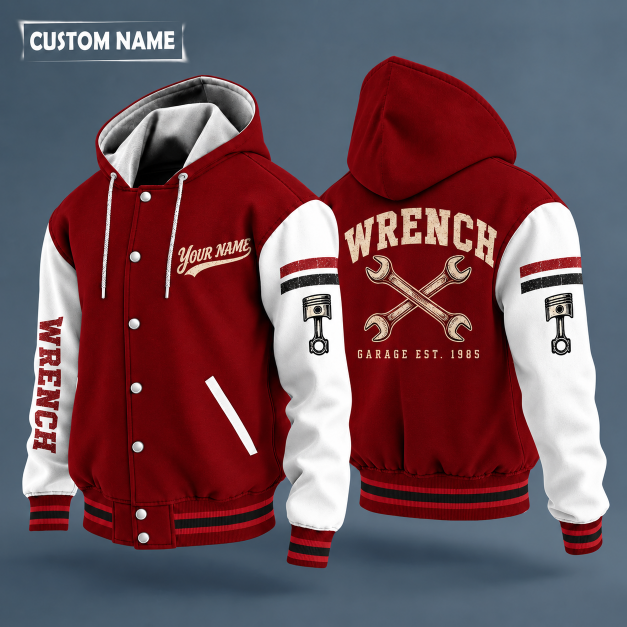 Hooded letterman jacket with white sleeves, crossed wrenches on the back, "WRENCH" lettering and a custom name in script on the chest