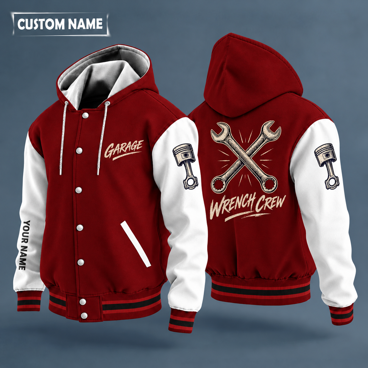 Hooded letterman jacket with white sleeves, crossed wrenches on the back, "GARAGE" lettering and a custom name down one sleeve