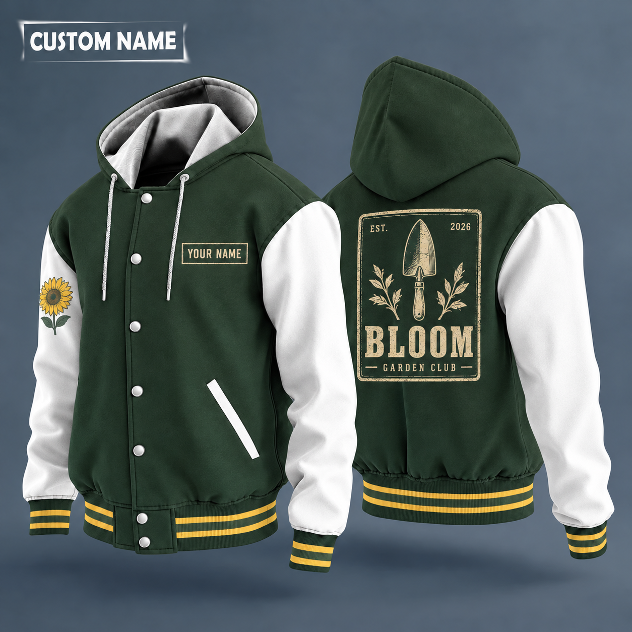 Hooded letterman jacket with white sleeves, trowel on the back, "BLOOM" lettering and a custom name on a work-shirt style name tag print on the chest