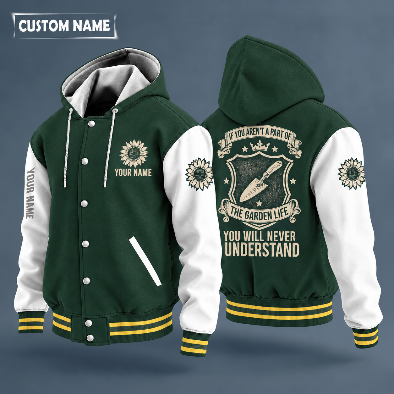 Hooded letterman jacket with white sleeves, trowel on the back, "MOM" lettering and a custom name on the chest under a small icon