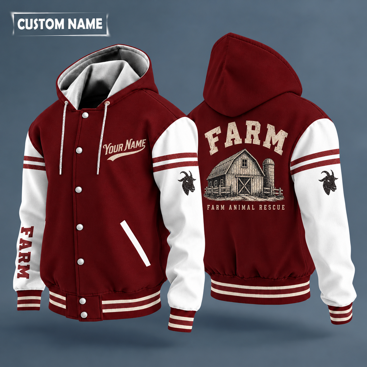 Hooded letterman jacket with white sleeves, barn on the back, "FARM" lettering and a custom name in script on the chest