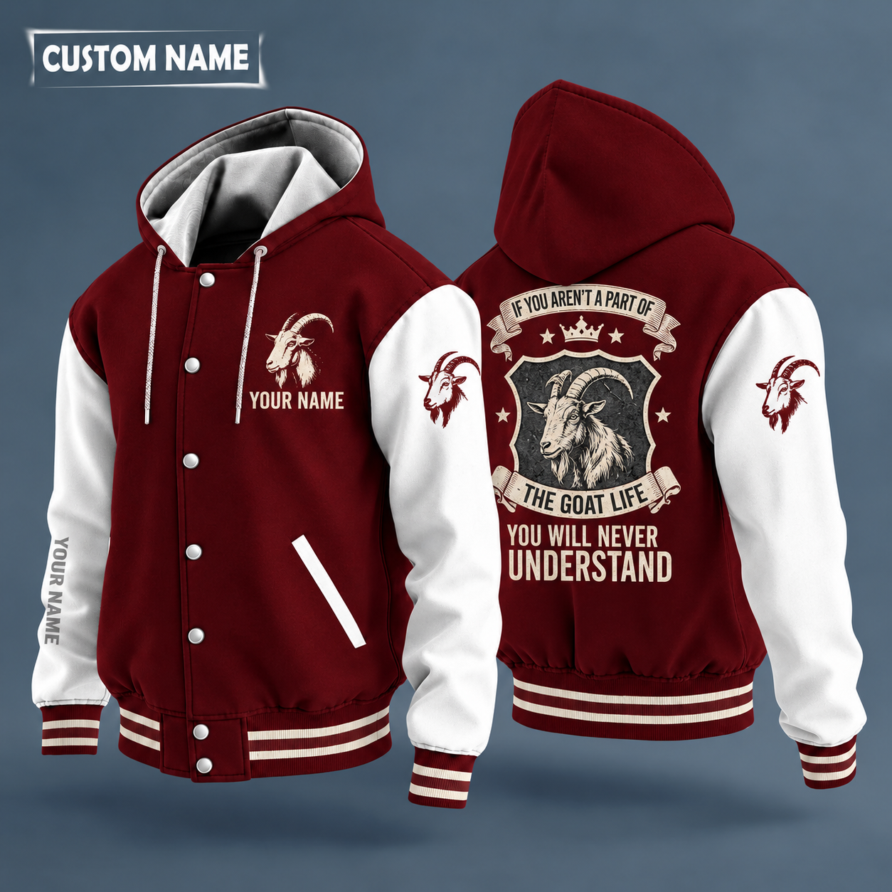 Hooded letterman jacket with white sleeves, goat head on the back, "GOAT" lettering and a custom name on the chest under a small icon